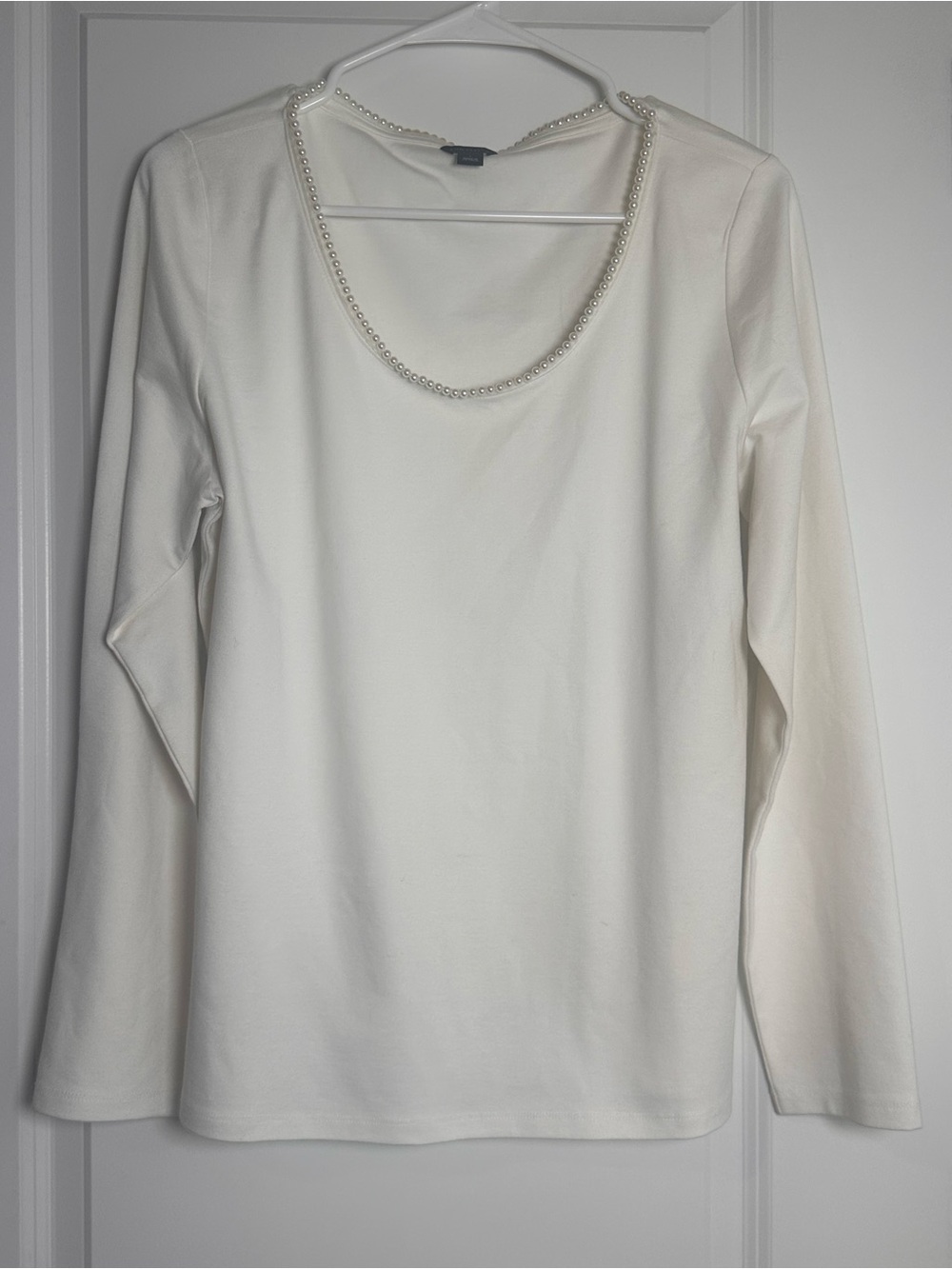 Ann Taylor Cream Long-Sleeve Top with Pearl-Trim Neckline